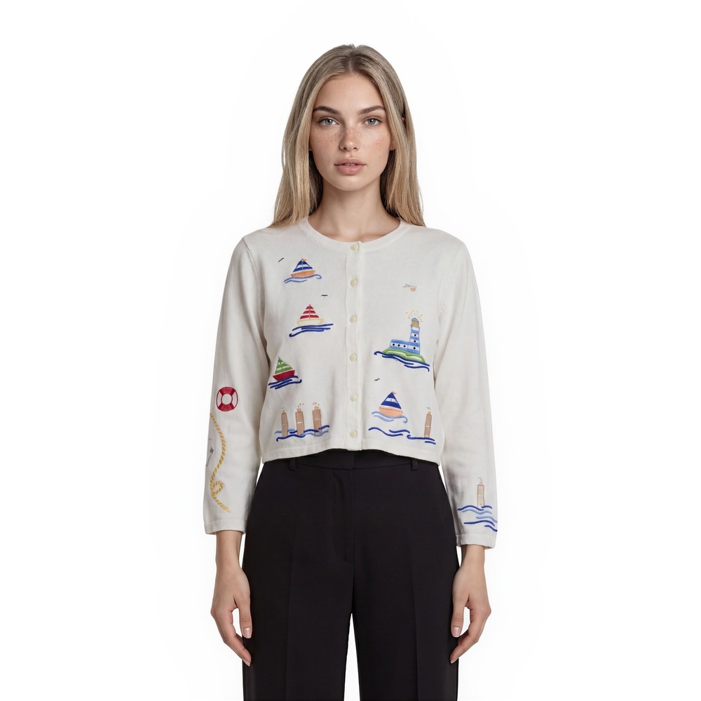 Michael Simon 100% Cotton Cardigan Top Women's Size 2X Boats Lighthouse Vintage